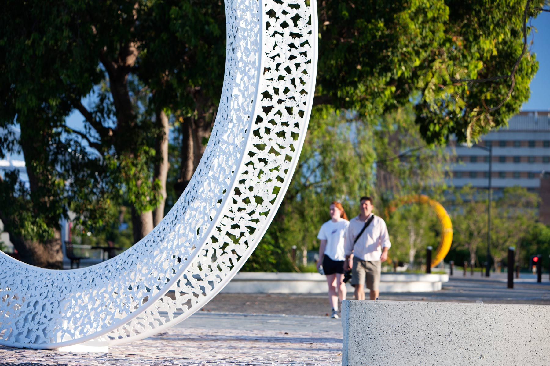 Artist Stuart Green created a suite of public artworks in the landscape that link across the new site, forming sight lines and references from piece to piece.