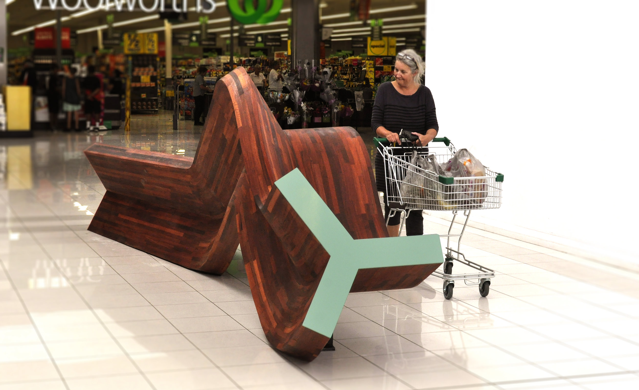 The work Driftwood was commissioned to provide seating elements within a shopping centre in Albany, Western Australia. The installation consists of a large sculptural seating element that was inspired by a weathered piece of driftwood, twisted and gnarled but worn smooth by the sand and sea.