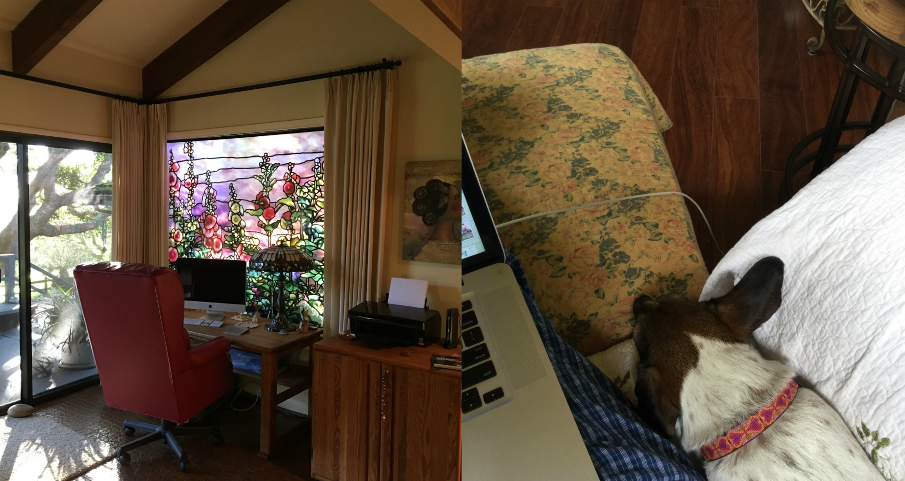 My beautiful office, left, and where I really write, right. Note pajamas and dog-hair-protected furniture.