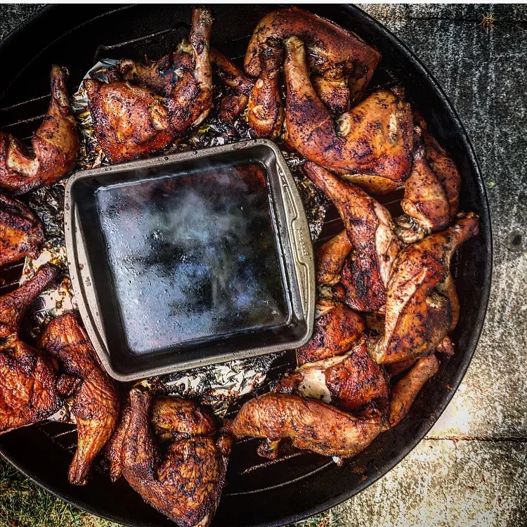 Chicken slow smoked over applewood and coals for three hours. 