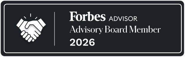 Forbes Advisor Advisory Board Member 2026 badge featuring handshake icon and white text on a black background