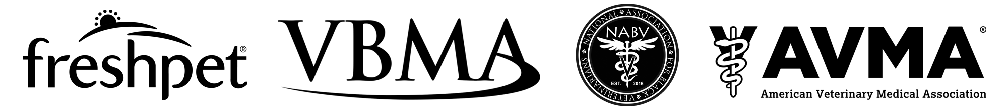 Logos for Freshpet, VBMA (Veterinary Business Management Association), NABV (National Association for Black Veterinarians), and AVMA (American Veterinary Medical Association)