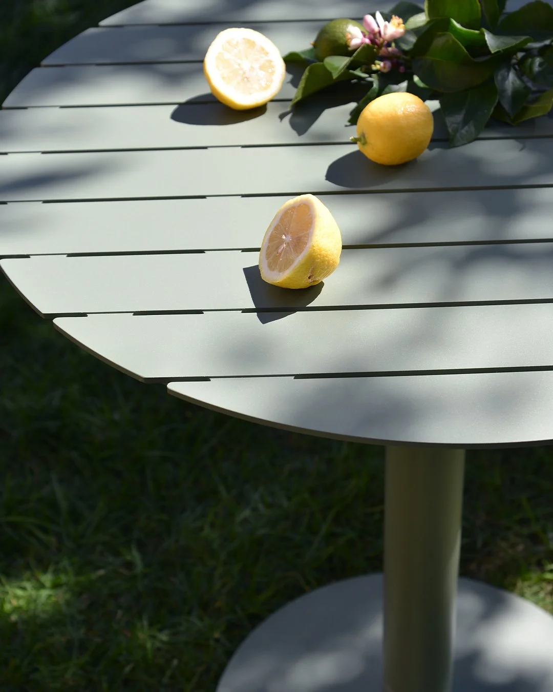Lemon and lime halves and whole lemon and lime on a white outdoor table with greenery in the background.