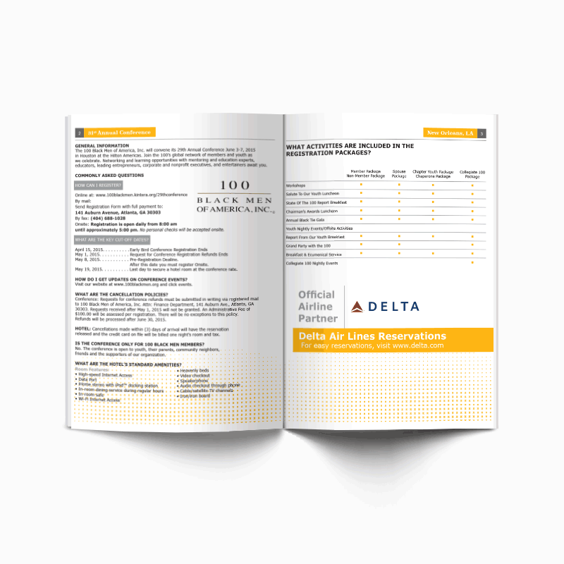 100 Black Men of Atlanta, Inc. Interior pages of Registration Package, offering information on the Annual Conference. The theme of the Conference; programmatic pillar of Health & Wellness – Improving Health & Wellness: Addressing Community, Causation and Change