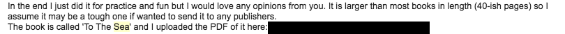 Piece of the initial email I sent to my Agent.
