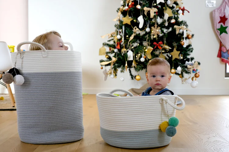 christmas tree with kids in basket