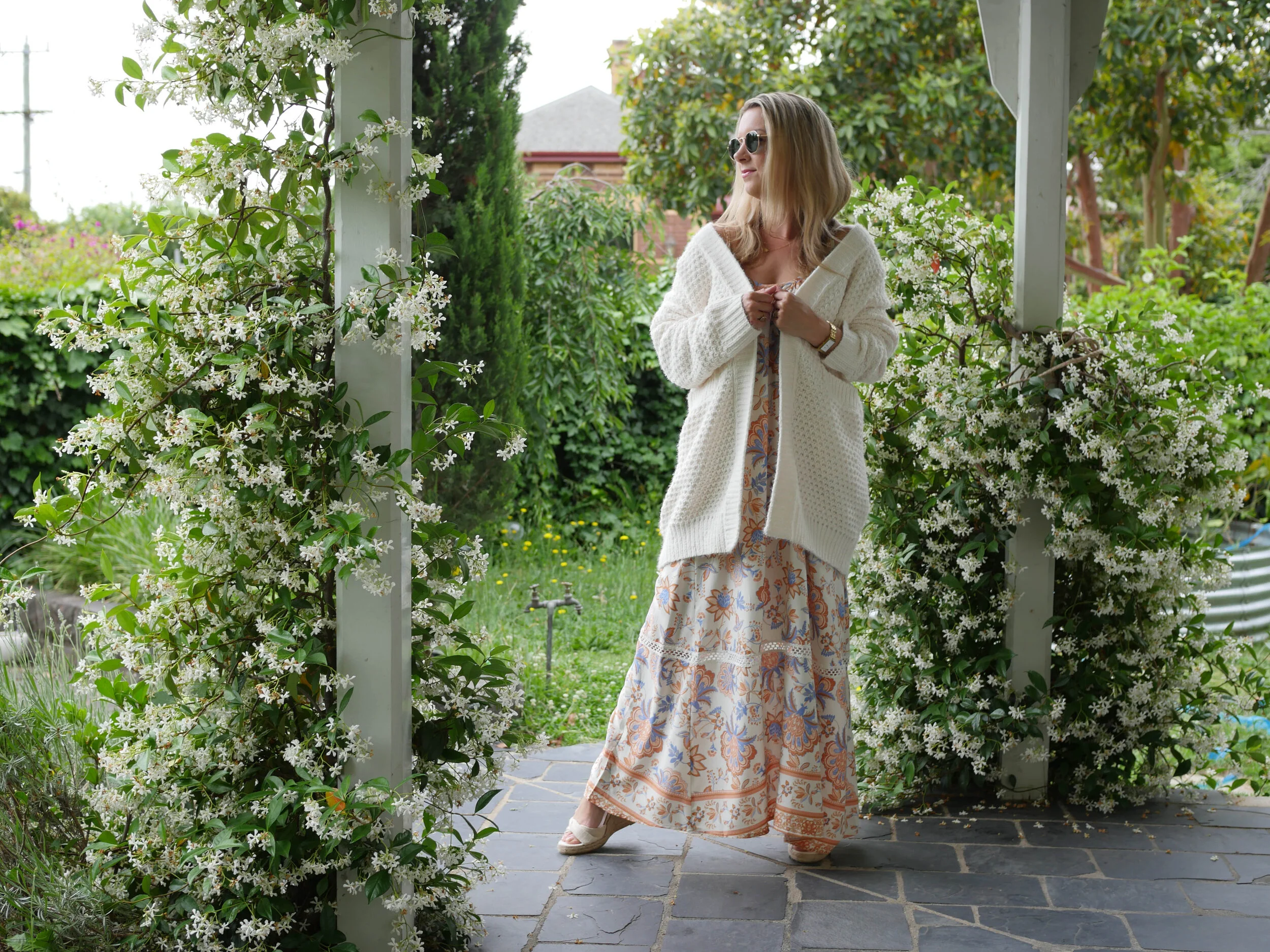 Meg wears Salty Crush  Lemnos Maxi Dress  and  Archer Cardigan .