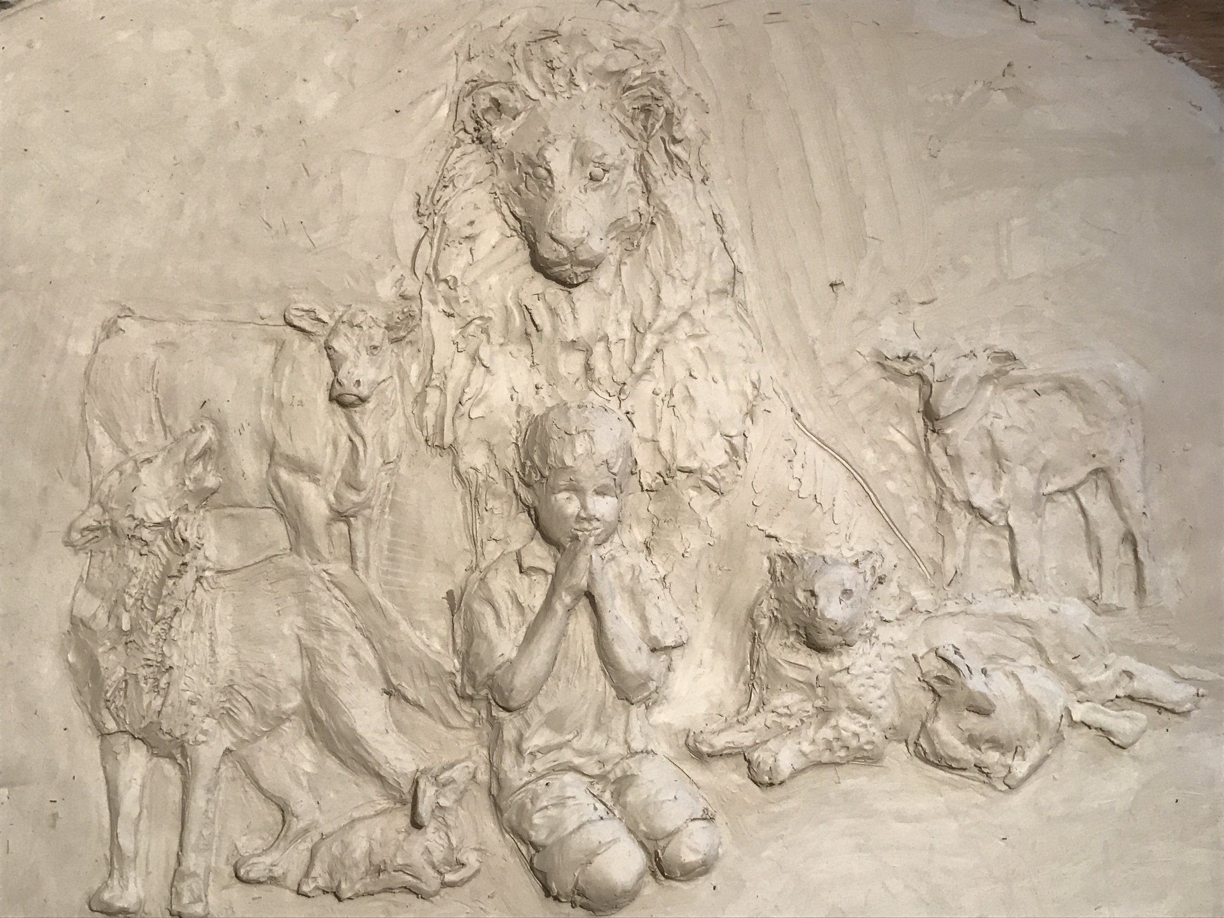  Bas relief in progress, "And a Child Shall Lead Them"; clay 