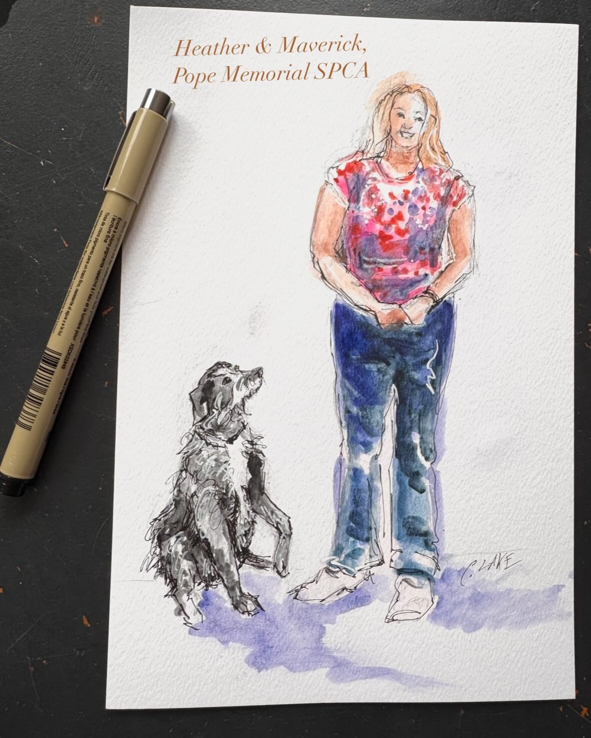 Today I dropped off this little watercolor sketch to the team at the Pope Memorial SPCA in Concord as they prepare for their big fundraising event this Sunday. It will be used as an example of what you could win (a custom watercolor sketch of you and