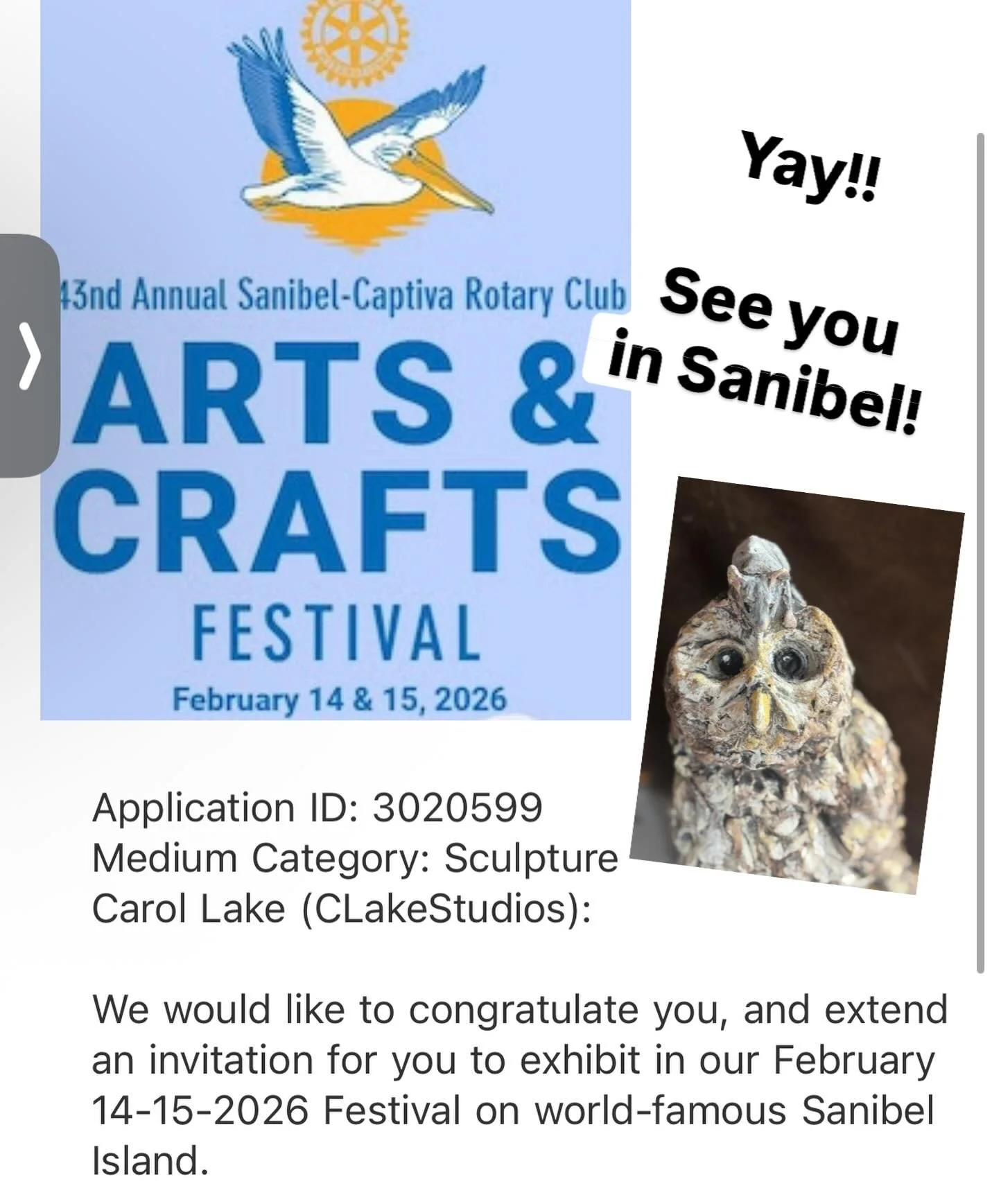 Excited to share that my sculptures have been juried into the Sanibel &ndash; Captiva Rotary art fair on Sanibel Island, Feb 14-25! 

#sanibelisland #sanibelart #animalsculpture #ceramicanimal