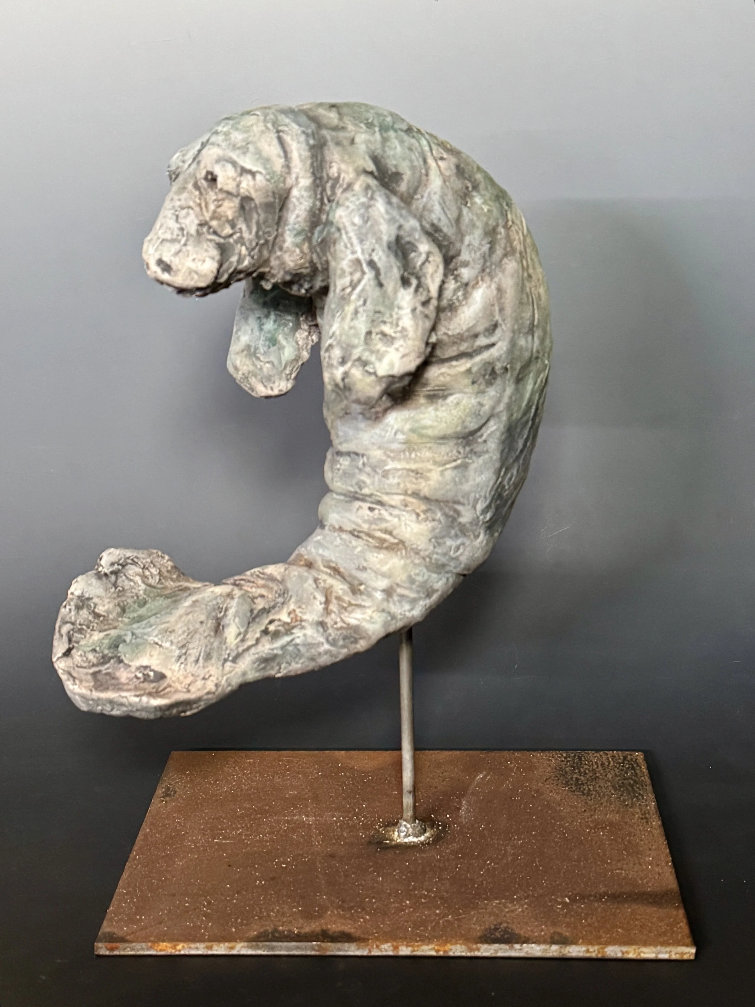 A fired ceramic Florida Manatee by Carol Lake Studios on a welded rustic steel base