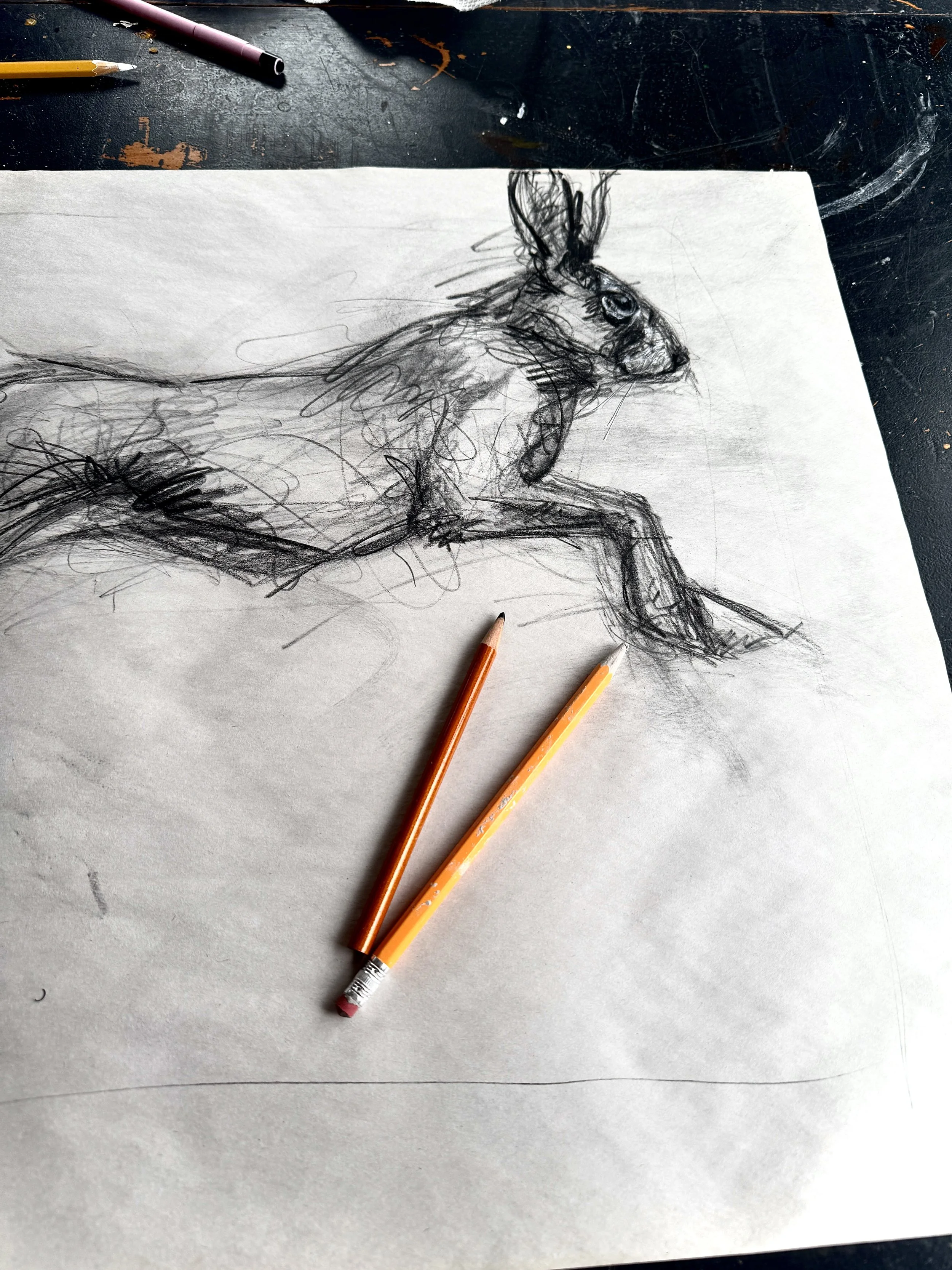 A sketch of a dog on a piece of paper, with two orange and yellow pencils resting on the paper and a dark table surface in the background.