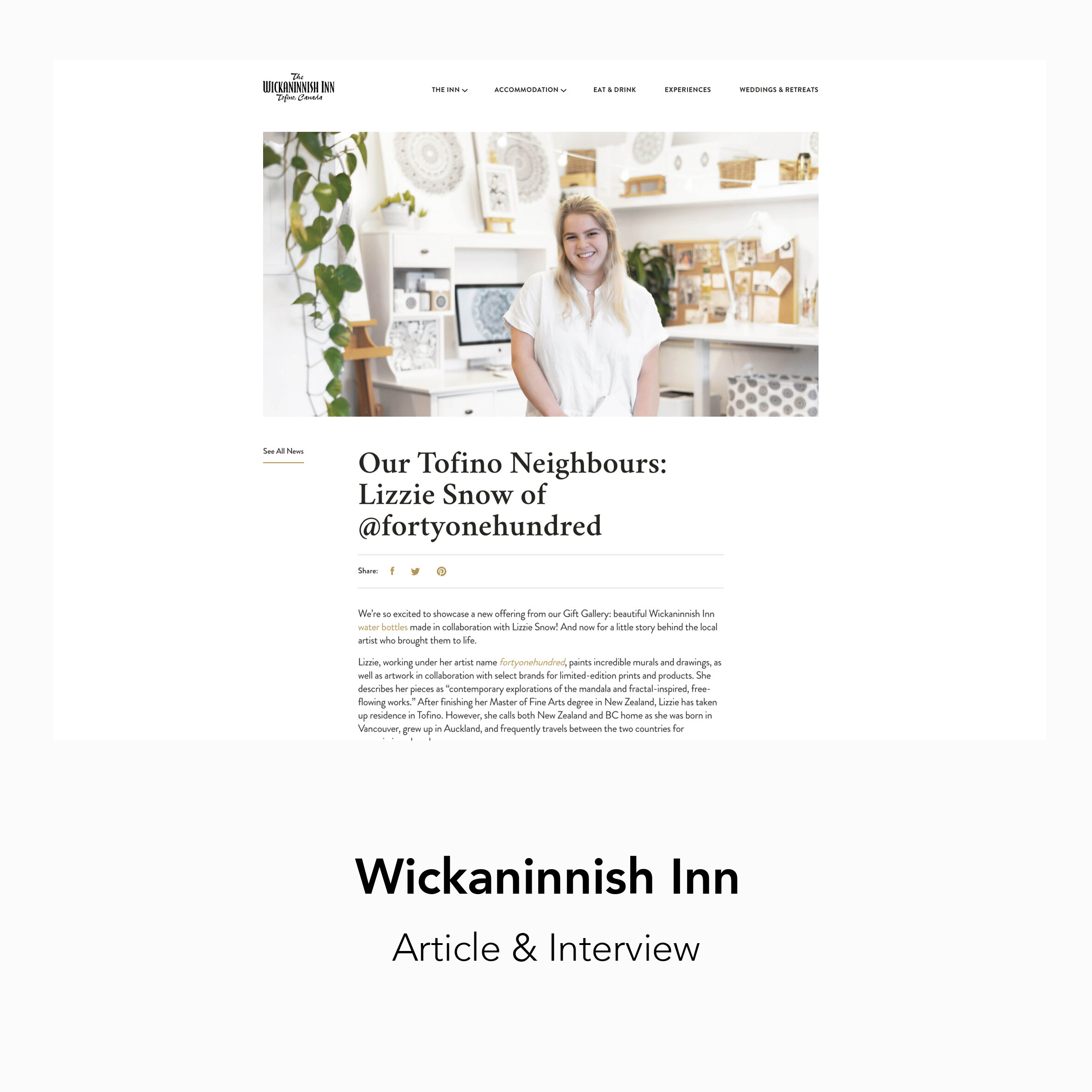 Wickaninnish Inn article on Lizzie Snow fortyonehundred