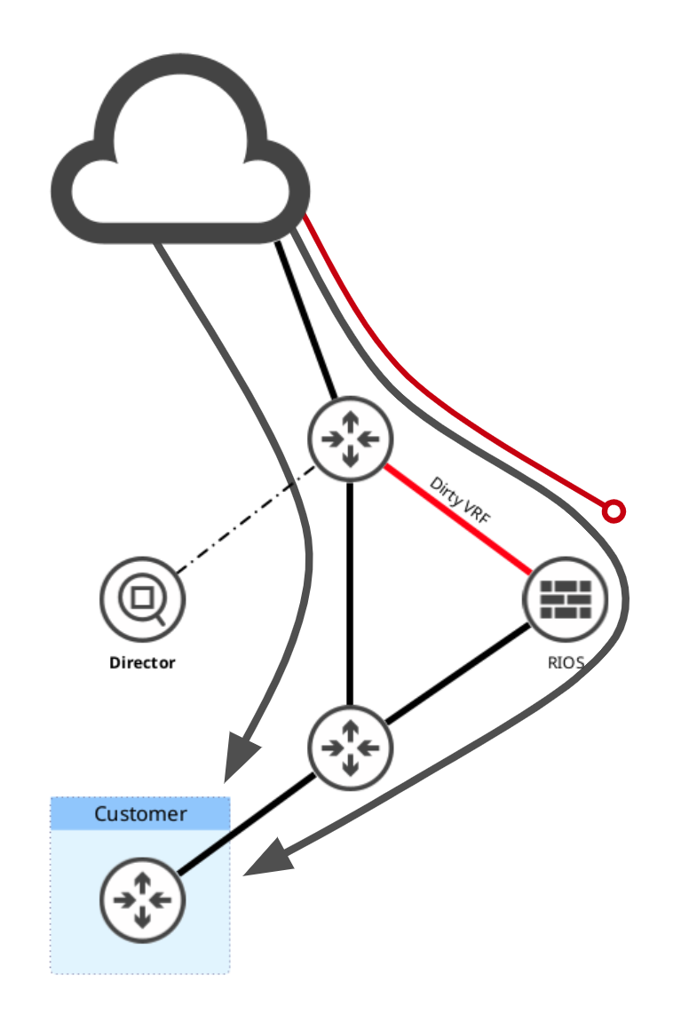 Attack detected, victim IP redirected through RIOS scrubbing
