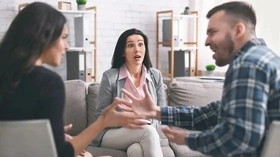 a couple arguing in front of therapist and therapist obviously reacting, fourth myth busted