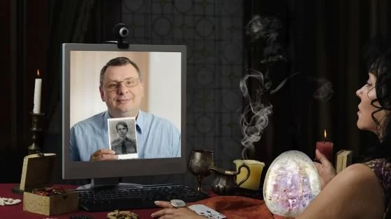 man on computer showing a psychic information symbolizing that AI can't predict or tell you what to do.