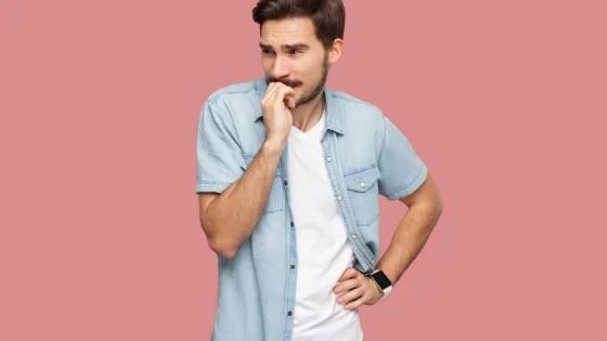 man feeling nervous about saying "I love you." This can be discussed in individual or couple's therapy