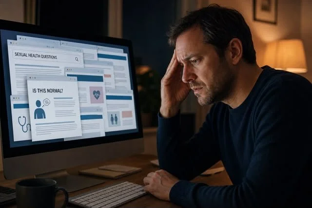 man looking distraught at internet searches about sexual health and function.