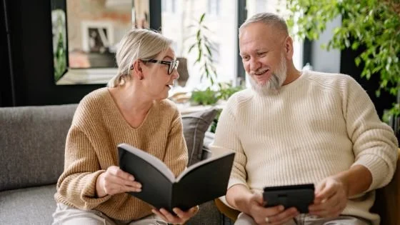 couple discussing reading therapy homework together, indicating early energy around progress.