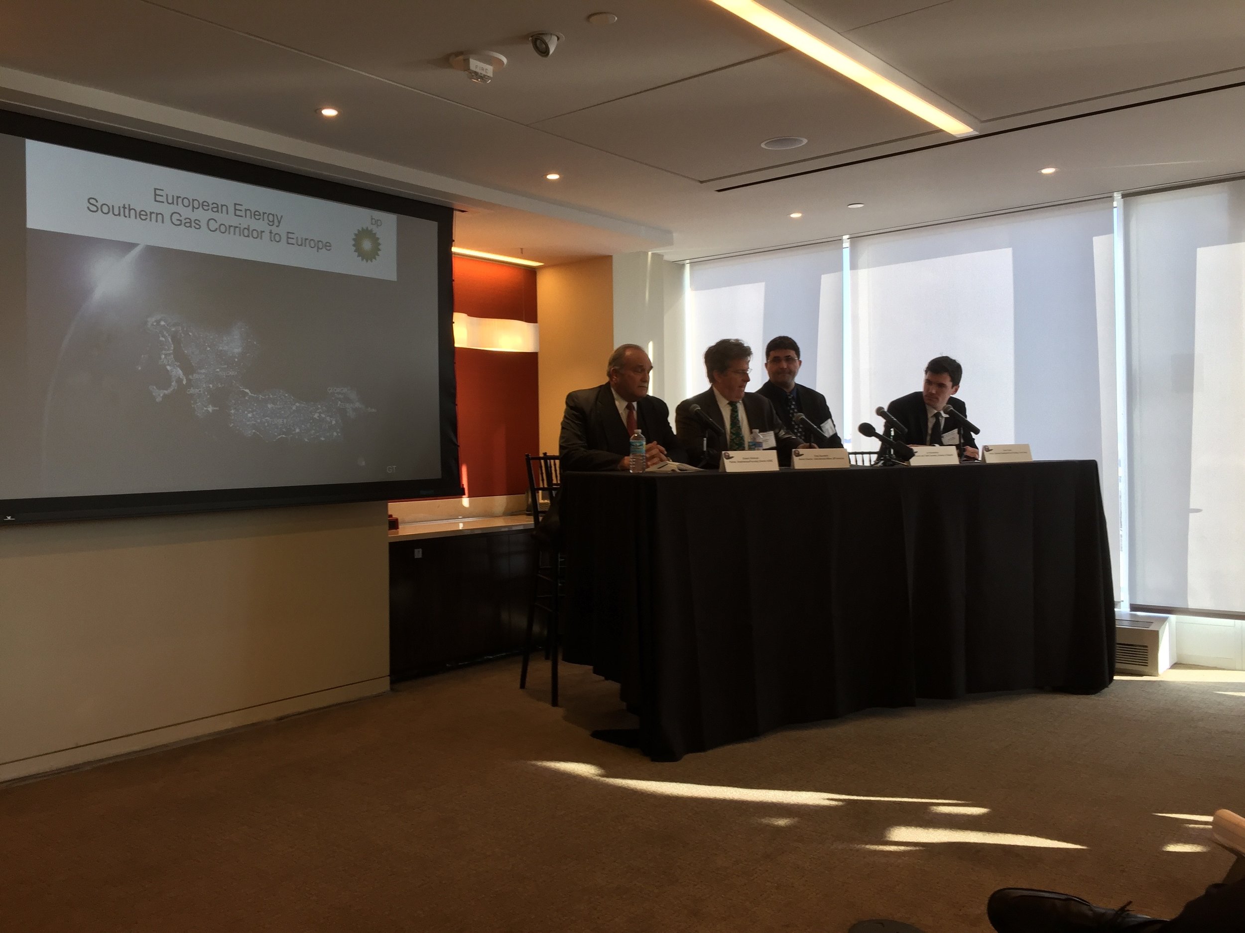  (From left to right) Enders Wimbush, Founder of the AGBC moderates a panel with Greg Saunders of BP America, Ivo Konstantinov of the Embassy of Bulgaria and Kevin Cullen of Conti / the Anaklia Consortium.&nbsp; 