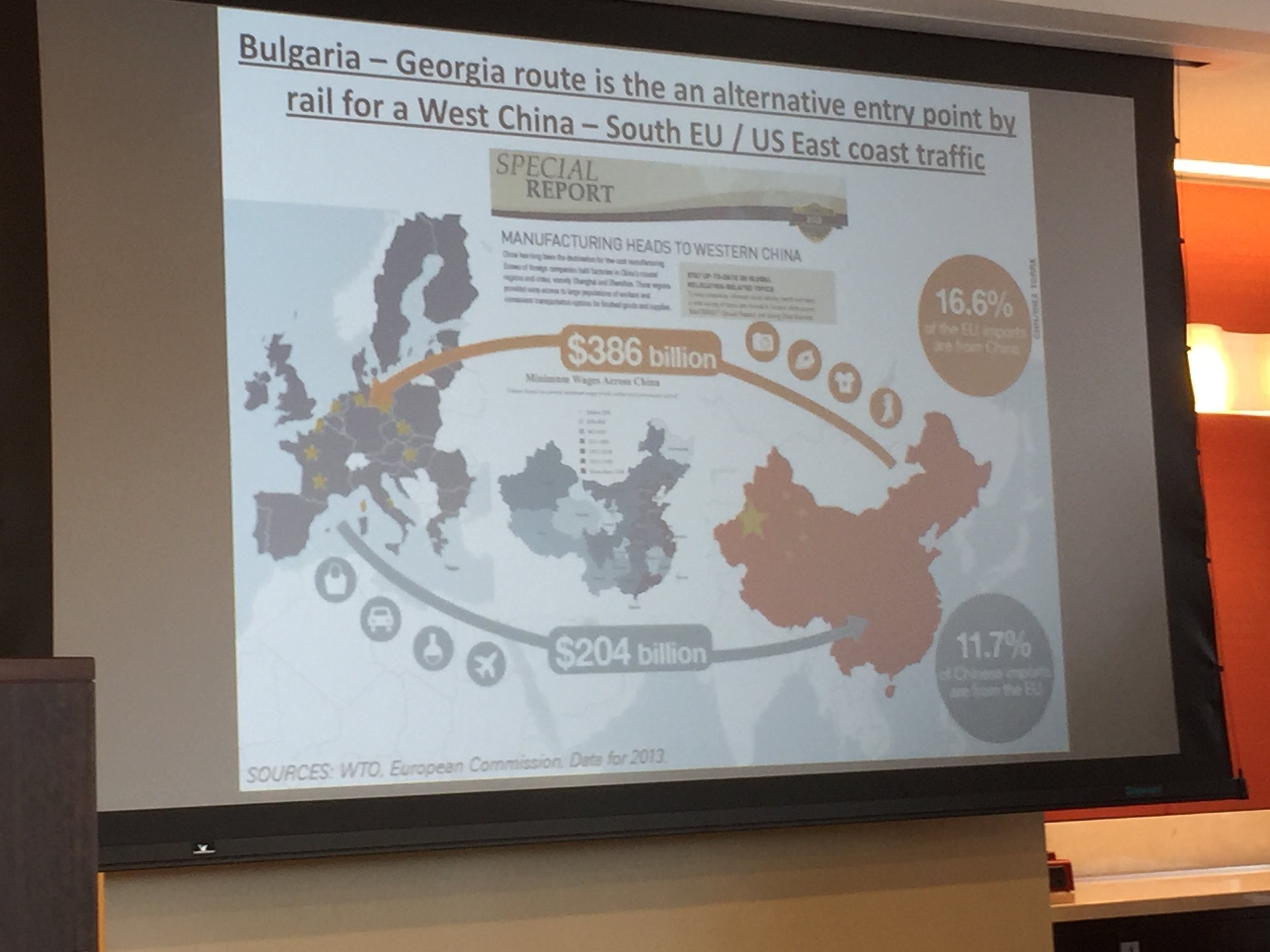  Mr. Konstantinov, Economic and Trade Counselor of the Bulgarian Embassy demonstrates potential trade flows via the New Silk Road.&nbsp; 