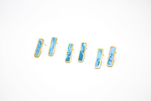 Marble Bar Stud Earring Set in Aqua Marble and Gold, Teal Marble Gold Bar Stud Set, Minimal Marble Geometric Studs in Sky Blue