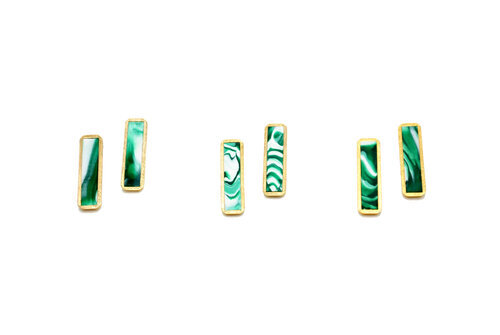 Marble Bar Stud Earring Set in Forest Green and Gold, Green Marble Gold Bar Stud Set, Minimal Marble Geometric Studs