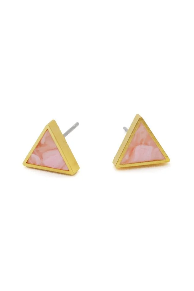 Cold Gold geometric triangle stud set in rose quartz.