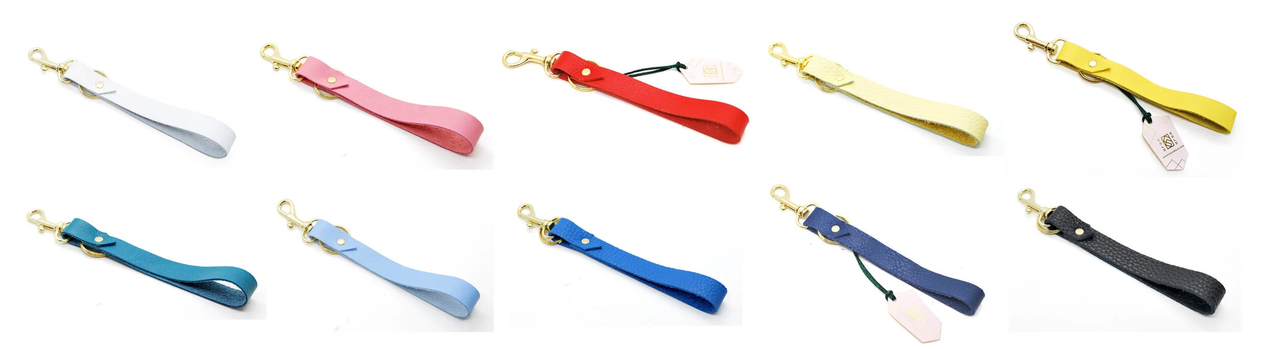 Hand cut and riveted leather keychains in ten fun colors from Cold Gold.