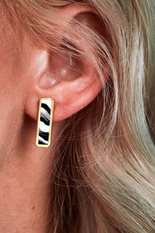Cold Gold Black and White Marbled Long Bar Geo Stud.