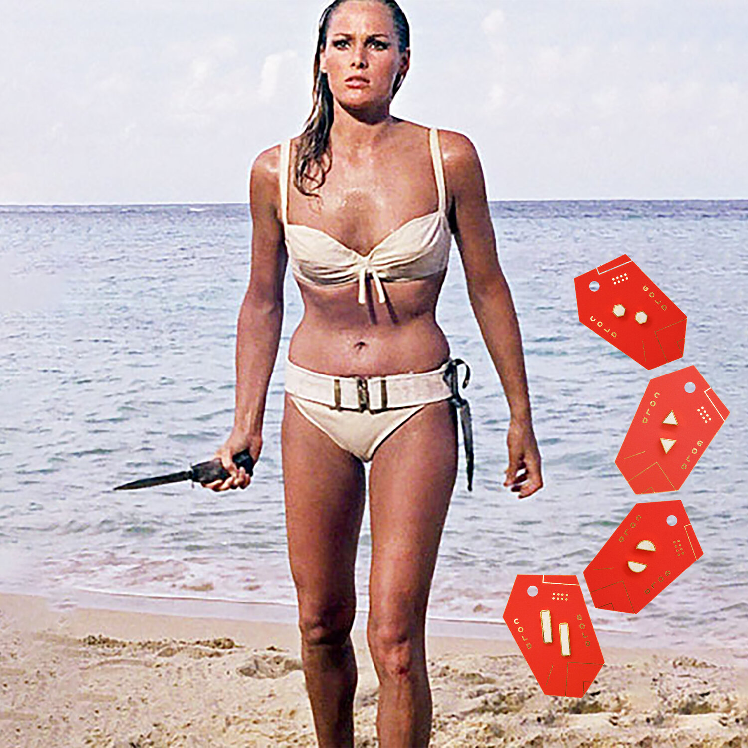 Ursula Andress slaying the beach look like we’ve never seen + The white and gold speckled geo studs from Cold Gold.