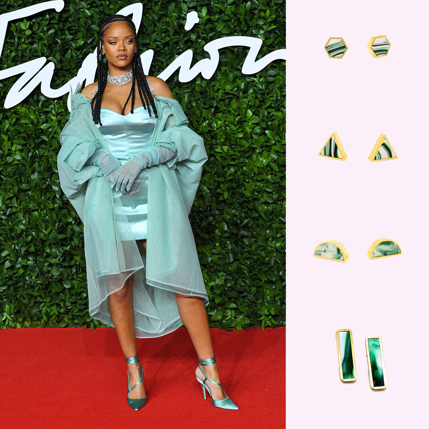 Rihanna, a goddess in green, pictured here with the Cold Gold geo stud sets in forest green marble.