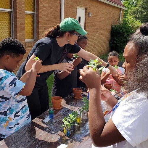 Children at Shora learn about plants in an after-school potting project.