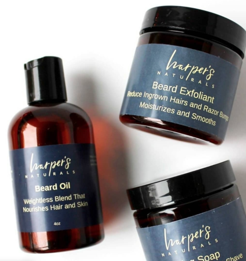 The beard care collection from Harper’s Naturals: oil, soap, and exfoliant.