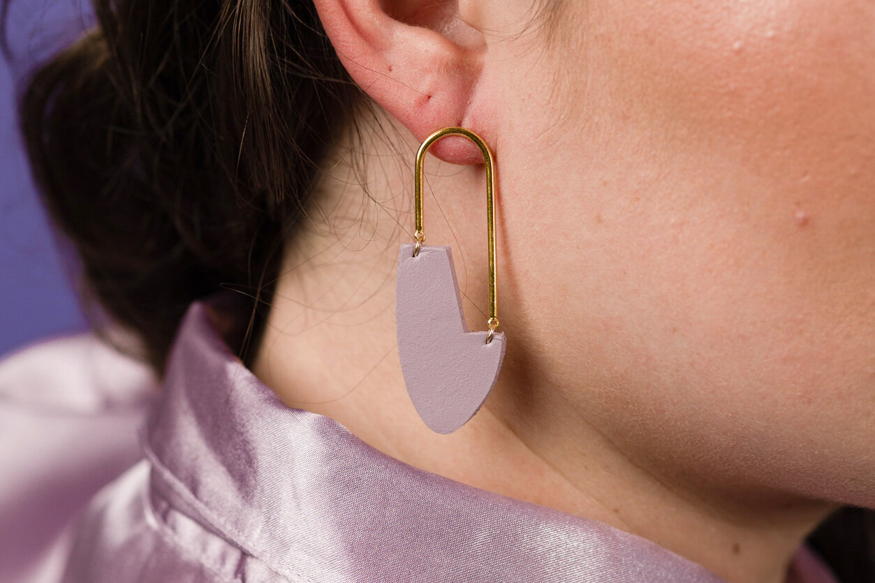 Geometric Earrings Brass Leather Earrings Lavender Leather Earrings