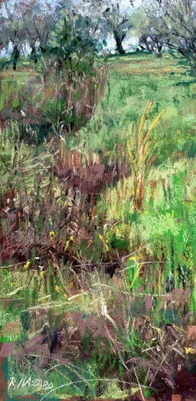  Below the Apple OrchardPastel on Ampersand Board 12" x 6"Done on site, Holmeyer's Farm4/11/2020Ray Hassard 