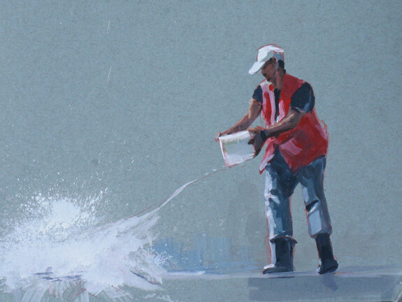  Fountain CleanerGouache on blue paper 6" x 8"Studio from slide, plein air piece done in Cuba 2020Ray Hassard 