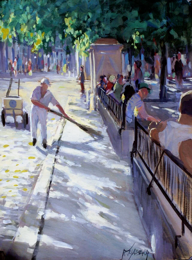 Sunday Afternoon, Havana CubaGoache on paper, 12" x 9"Based on Plein air pastel done on site, Plaza de ArmasJan 2020Ray Hassard 
