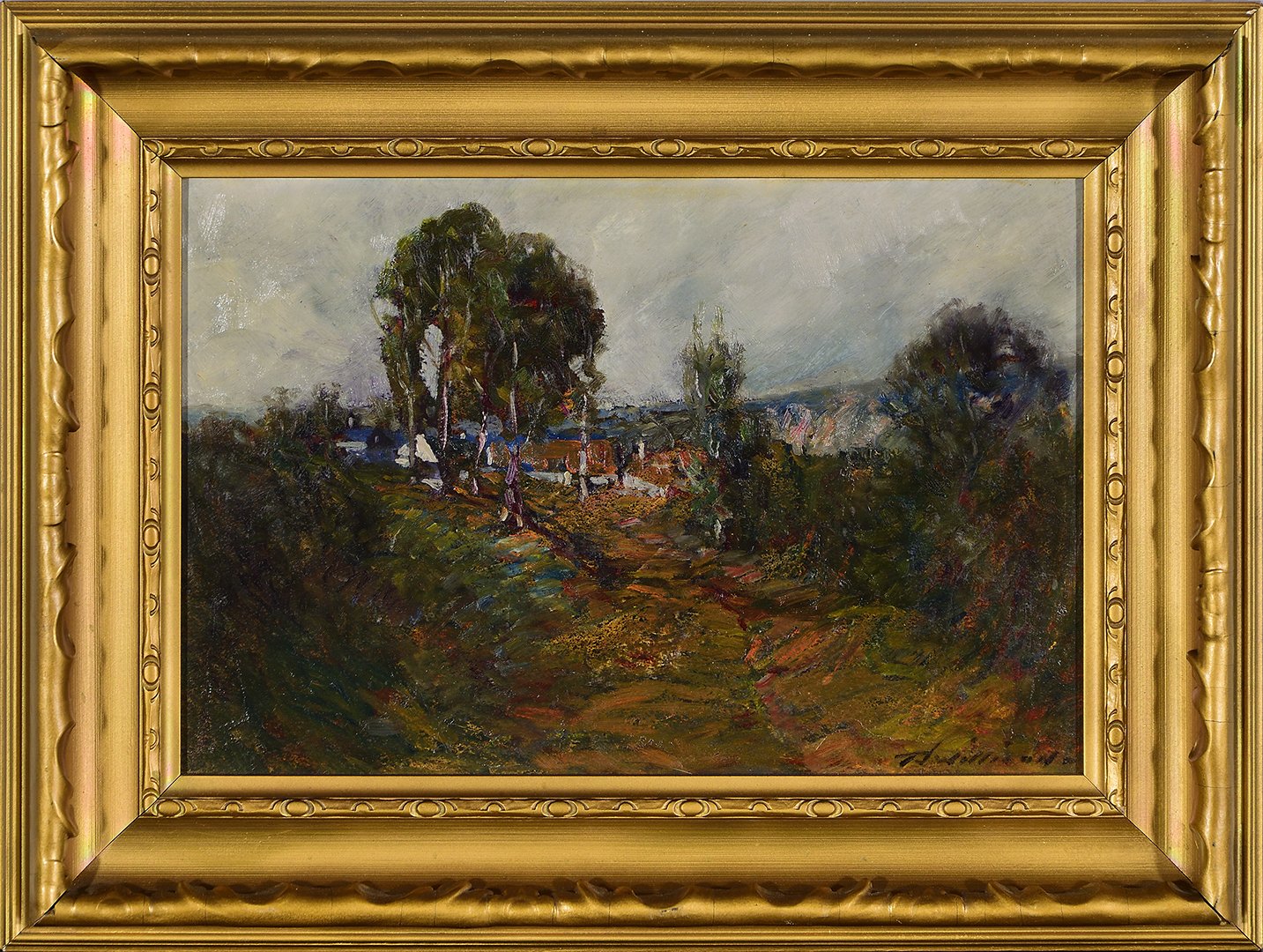 T.J. Willison "Landscape with Houses", Oil on Board, 8 3/8 x 12 1/4 inches, $550
