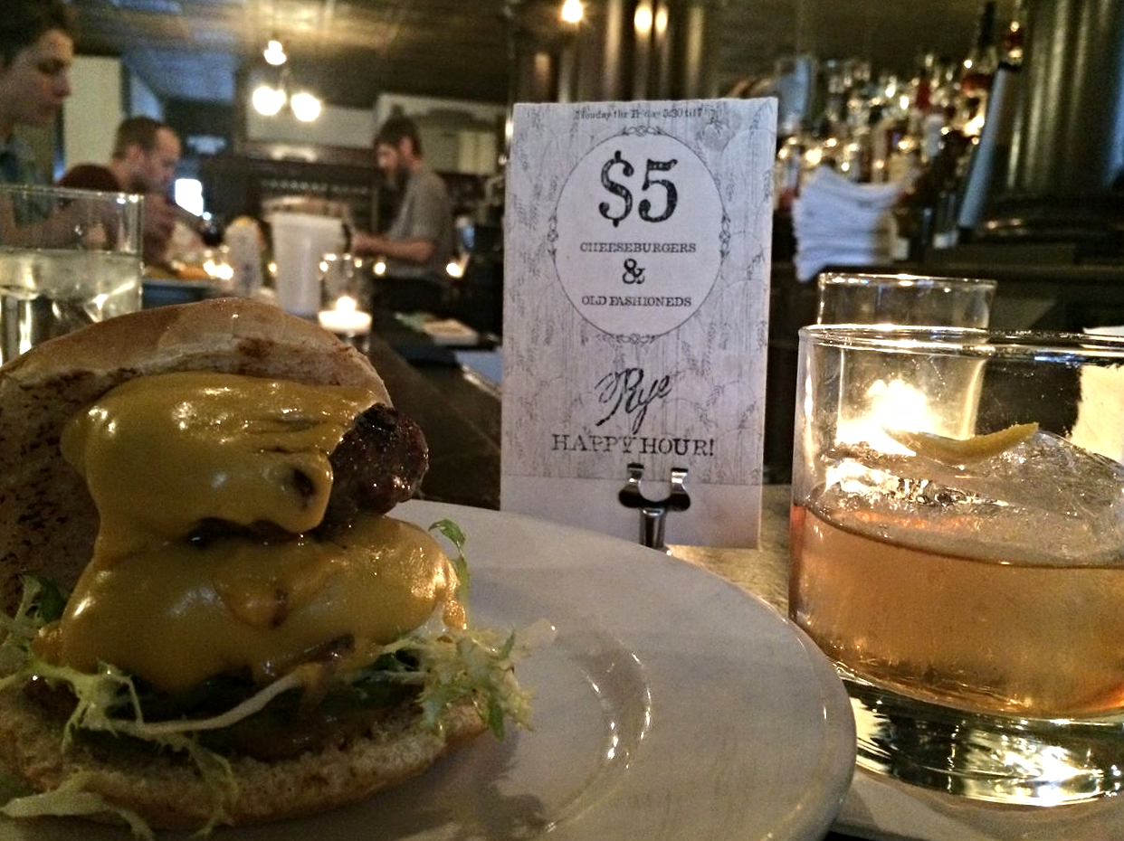 Happy Hour Burger and Old Fashioned at Rye
