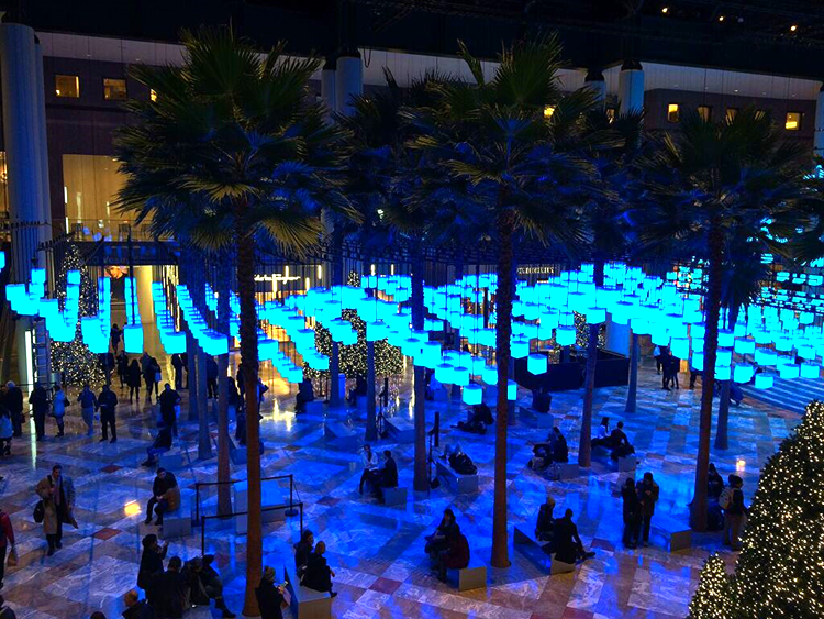 view of luminaries from the second floor terrace just outside hudson eats