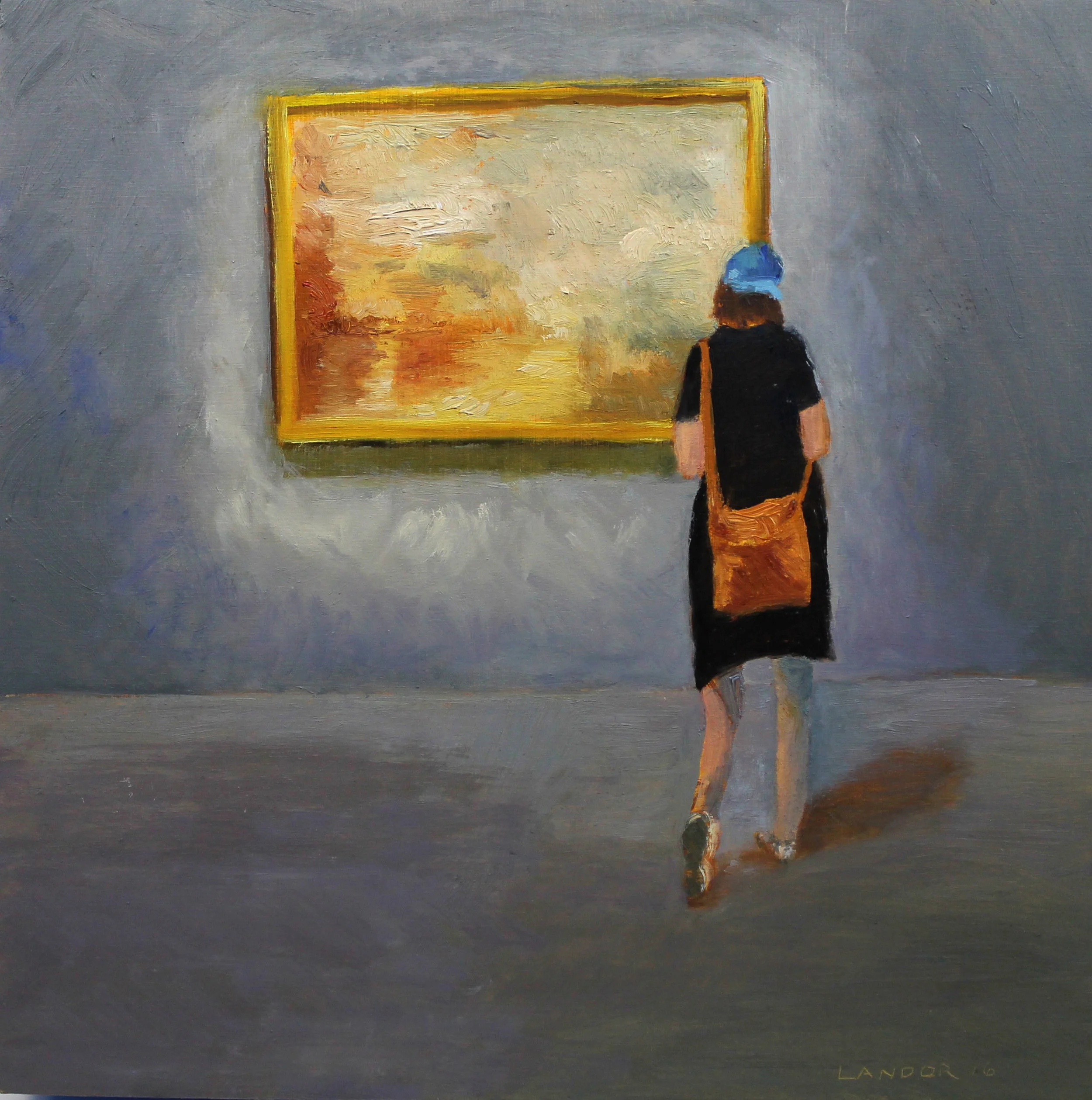 Unfinished at the Met Breuer - Lady with Orange Purse and Blue Hat puts Finishing Touch on Turner's 'Sun Setting Over a Lake'"