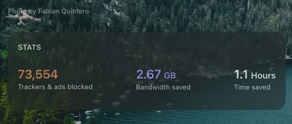 Scoreboard from Brave showing the number trackers & ads blocked along with time and bandwidth saved