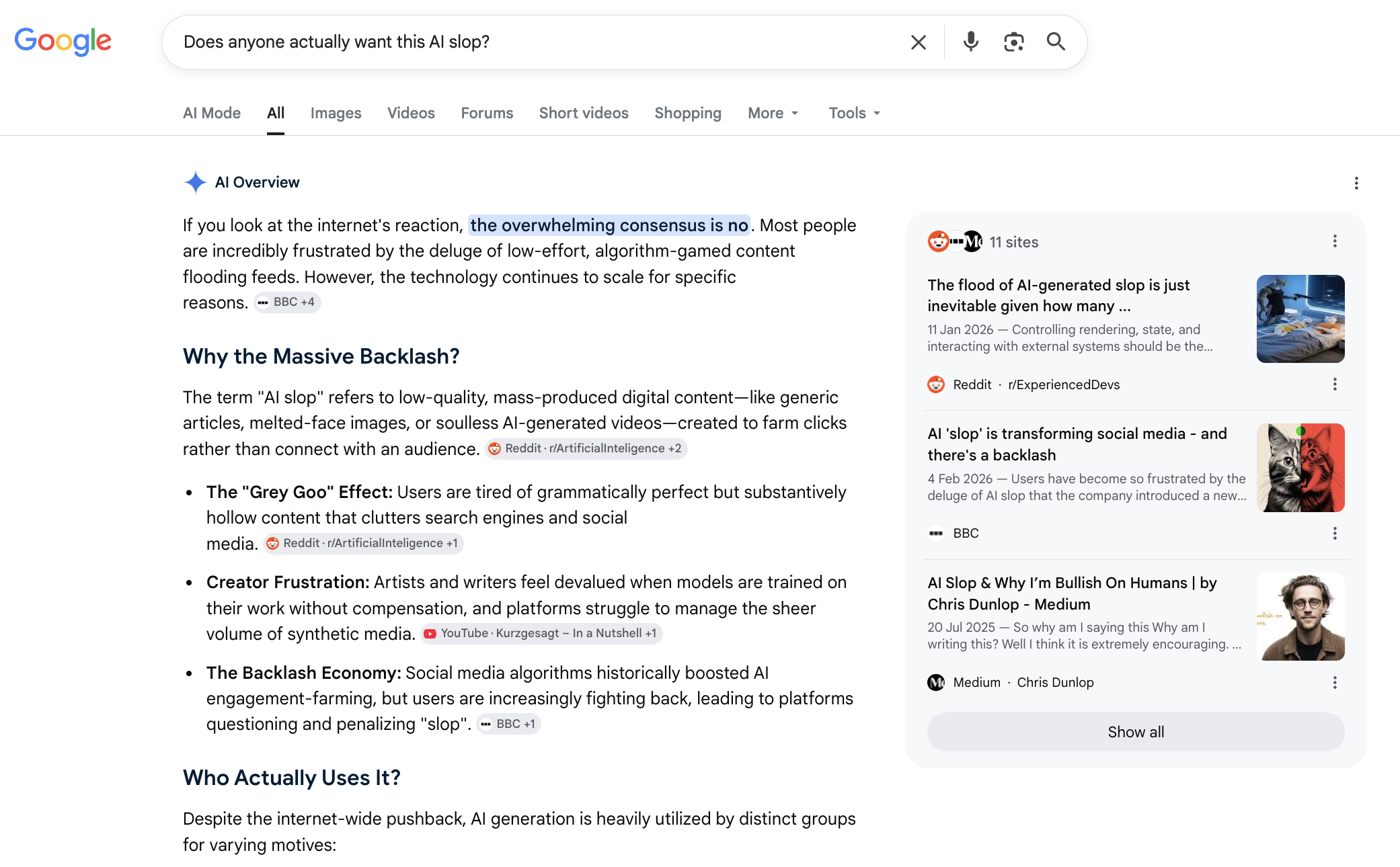 A screenshot from a search of Google asking "Does anyone actually want his AI slop?"