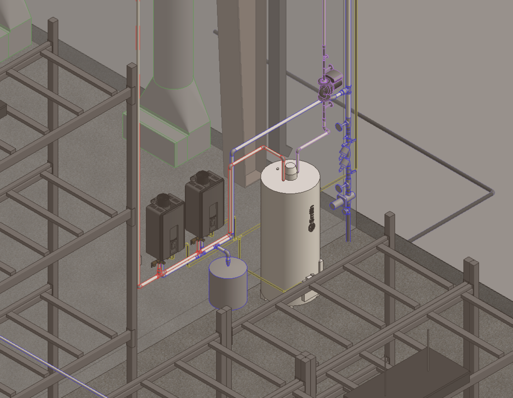 Hot water plant for the emergency shower and eyewash system. Visible systems include domestic cold water supply, hot water supply, and recirculated hot water return. This system is designed to accommodate multiple emergency showers operating at over 22.5 gallons per minute of flow, each. (For perspective, the average residential bathtub on full flow is 4-6.5 gallons per minute!)