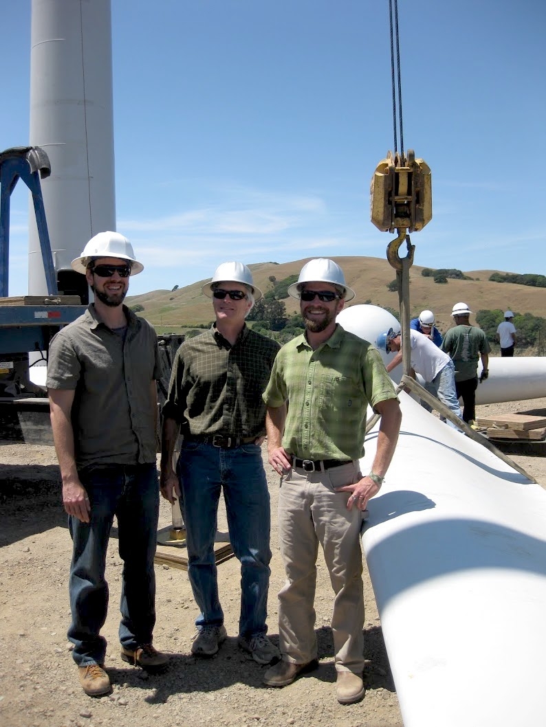 Brent Johnson, Tom Williard and David Williard at the construction of a wind turbine at McEvoy Ranch in 2009.