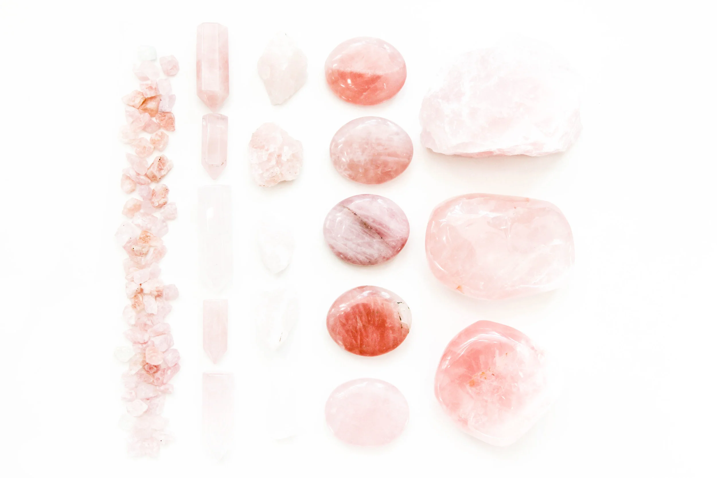 Left to Right: Morganite, Rose Quartz Point, Rough Star Rose Quartz, Rose Quartz Palm Stone, Rough & Tumbled Large Rose Quartz Chunks. These are the love stones. Give divine and self love. 