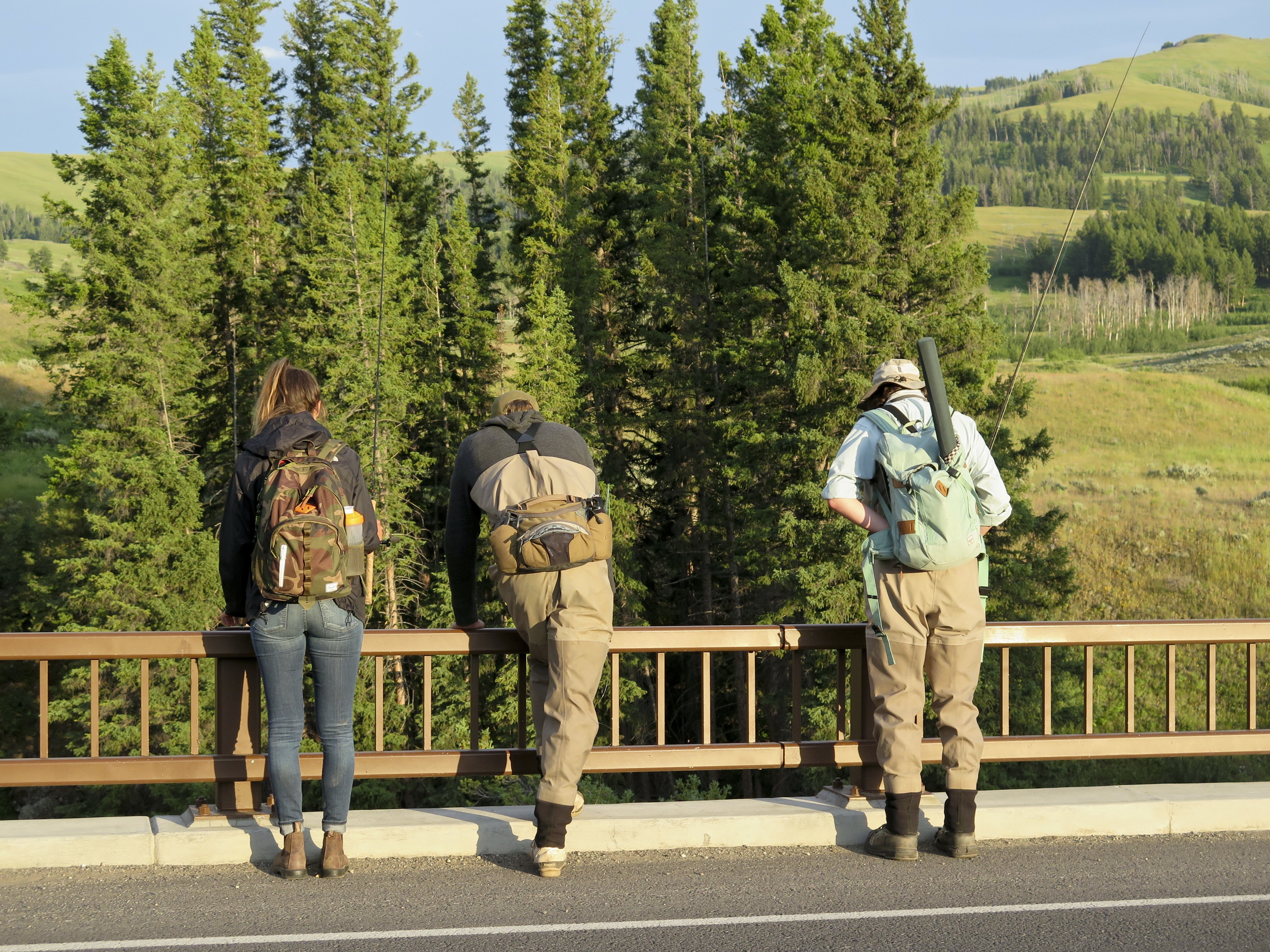 Jess, Dan and Jeff checking out the river below for fish.
