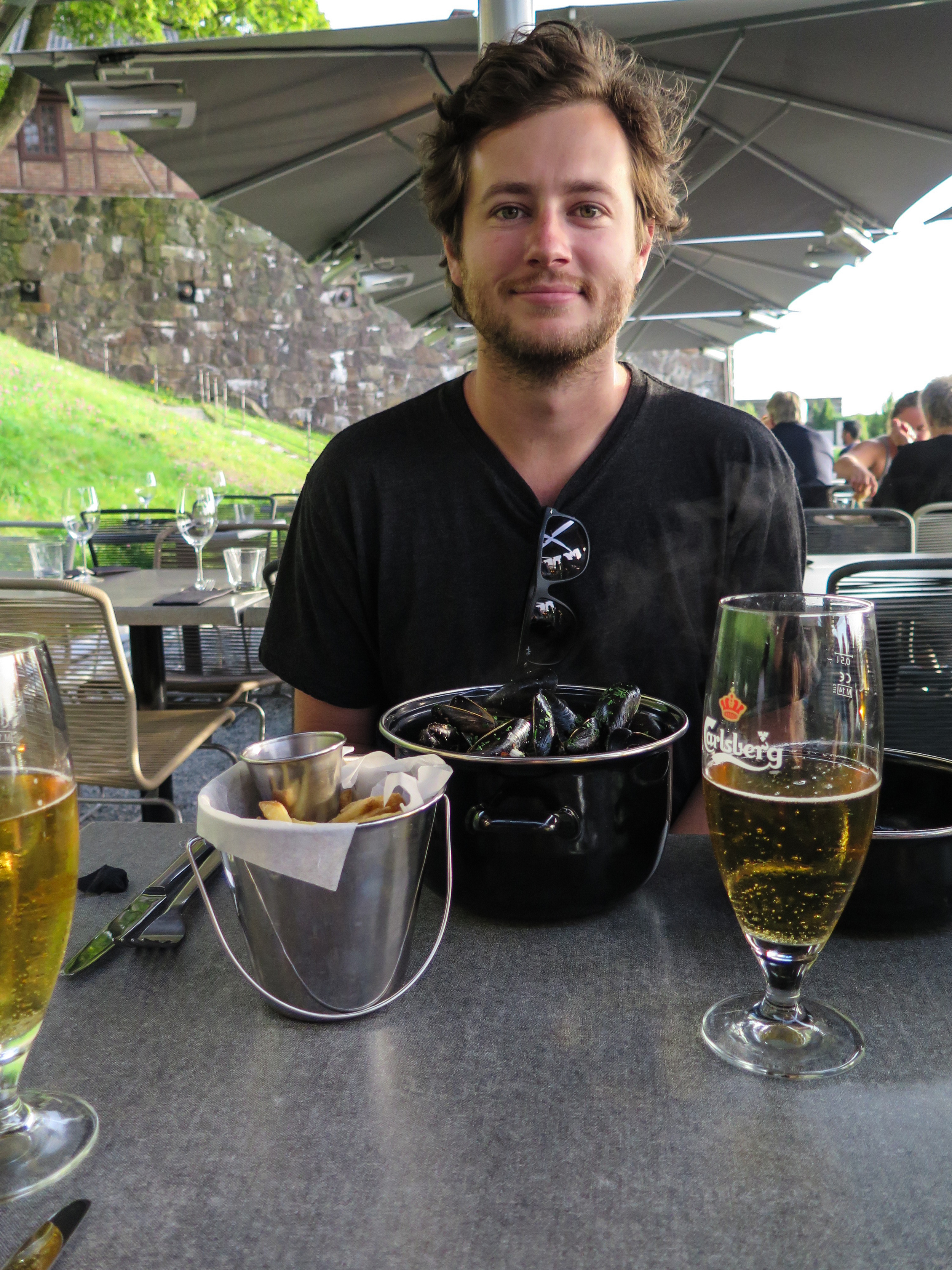 Our first meal in Norway. Mussels and beer.