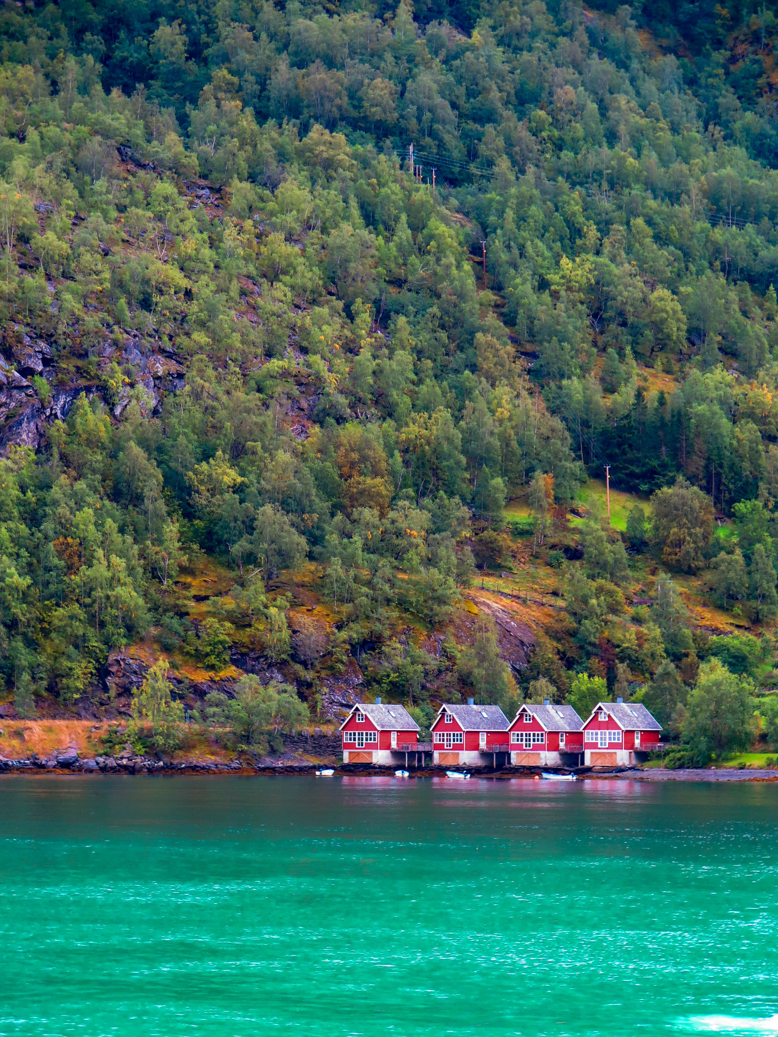 Tiny houses in Flam along the fjord